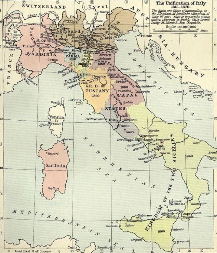 Mapa de la unificación italiana 1815-1870